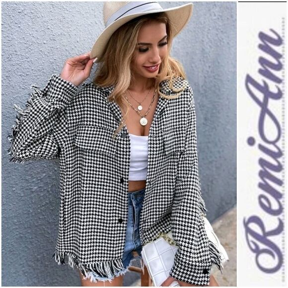 Drop Shoulder Houndstooth Fringe Trim Tweed Coat - Picture 2 of 9